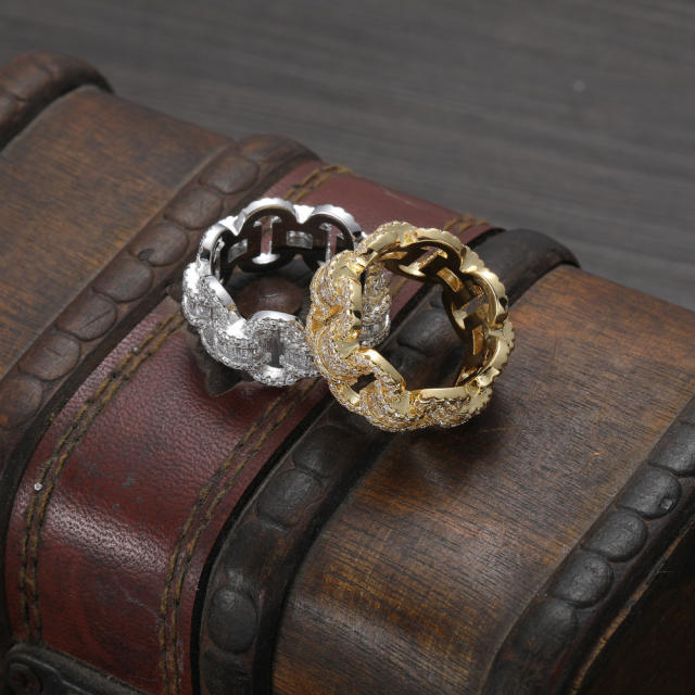 Chain Cuban Ring Hip Hop Zircon Staggered Men's Ring
