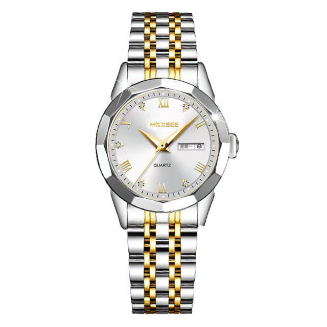 Vintage couple quartz watch double calendar steel band watch
