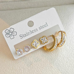 Easy match diamond clover hoop stainless steel earrings set