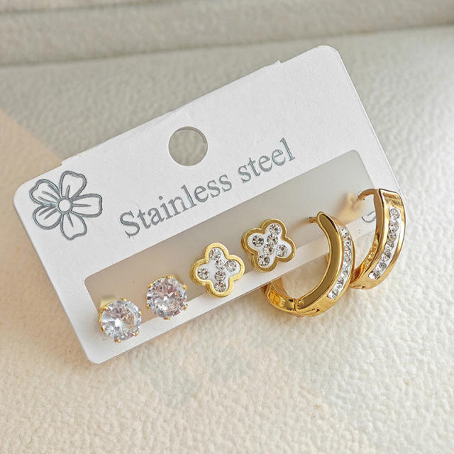 Easy match diamond clover hoop stainless steel earrings set