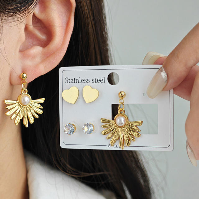 Boho sunflower imitation pearl stainless steel earrings set