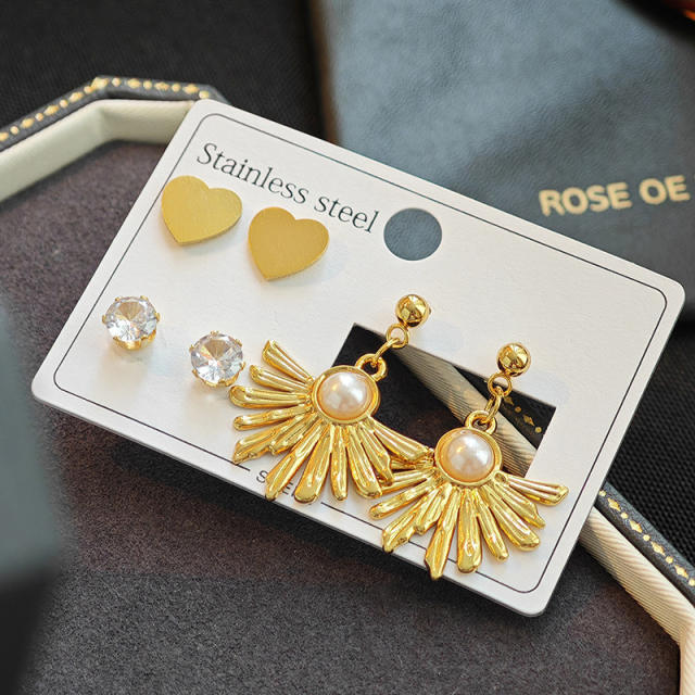 Boho sunflower imitation pearl stainless steel earrings set