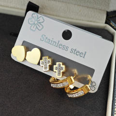 concise diamond heart smooth cross stainless steel earrings set
