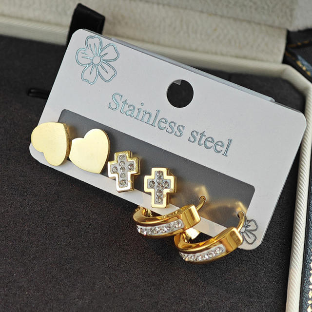 concise diamond heart smooth cross stainless steel earrings set