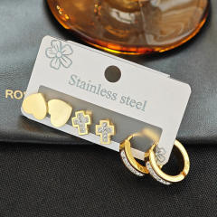 concise diamond heart smooth cross stainless steel earrings set