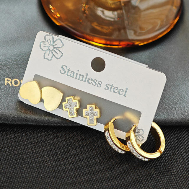 concise diamond heart smooth cross stainless steel earrings set