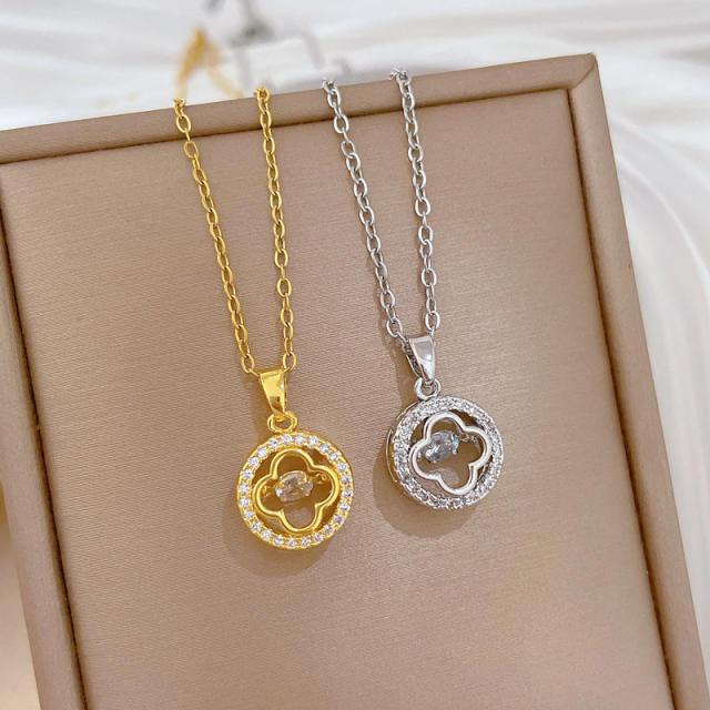 Delicate hollow clover diamond pendant stainless steel chain necklace