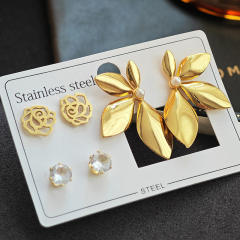 Hot sale camellia flower leaf stainless steel earrings set