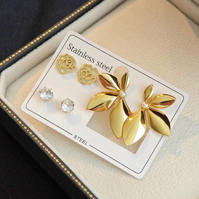 Hot sale camellia flower leaf stainless steel earrings set