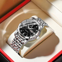 Wwaterproof new men's watch double calendar luminous quartz steel band watch