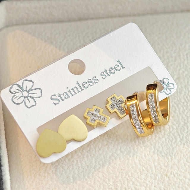 concise diamond heart smooth cross stainless steel earrings set