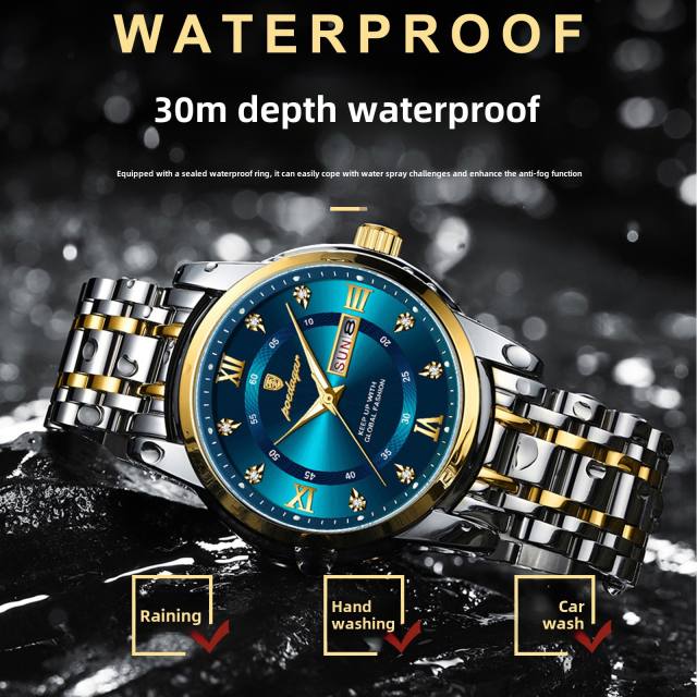 Wwaterproof new men's watch double calendar luminous quartz steel band watch