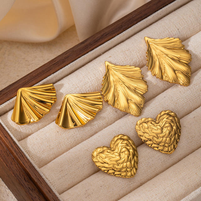 Holiday design gold color fold pattern leaf big stainless steel earrings