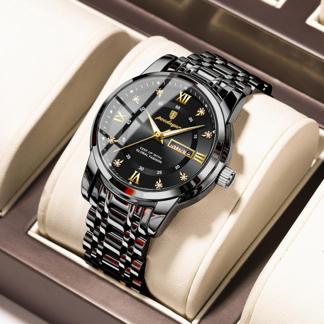 Wwaterproof new men's watch double calendar luminous quartz steel band watch