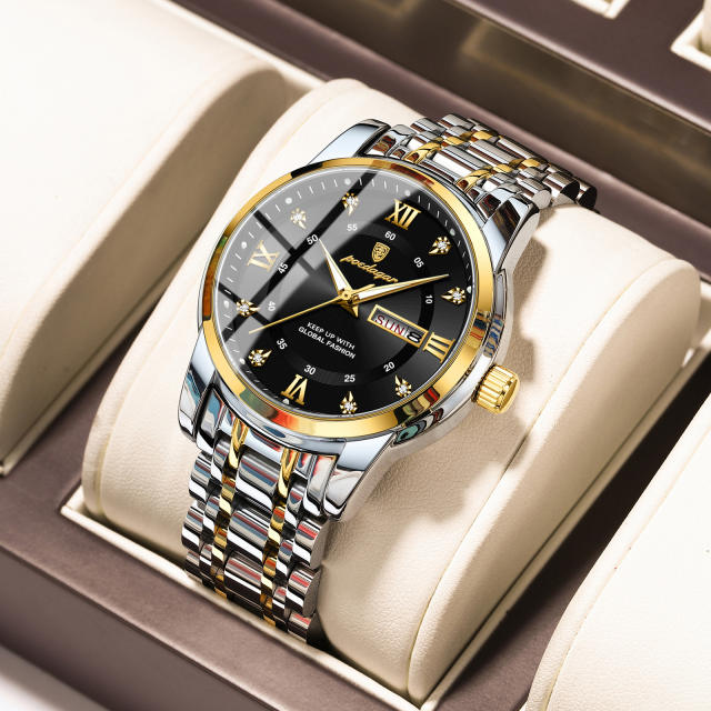 Wwaterproof new men's watch double calendar luminous quartz steel band watch