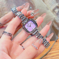 Fashion waterproof white pink shell square quartz steel band watch for women
