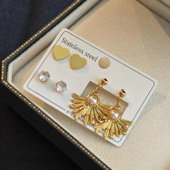 Boho sunflower imitation pearl stainless steel earrings set