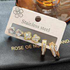 Easy match diamond clover hoop stainless steel earrings set