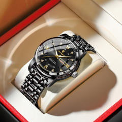 Wwaterproof new men's watch double calendar luminous quartz steel band watch