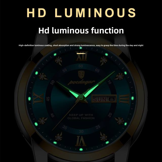 Wwaterproof new men's watch double calendar luminous quartz steel band watch