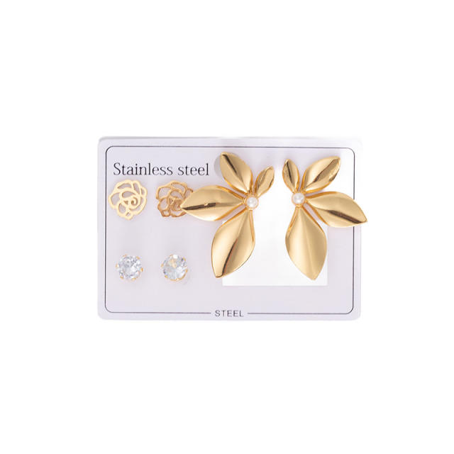 Hot sale camellia flower leaf stainless steel earrings set