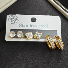 Easy match diamond clover hoop stainless steel earrings set