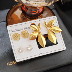 Hot sale camellia flower leaf stainless steel earrings set