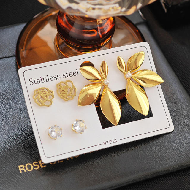 Hot sale camellia flower leaf stainless steel earrings set