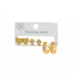 concise diamond heart smooth cross stainless steel earrings set