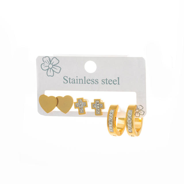 concise diamond heart smooth cross stainless steel earrings set
