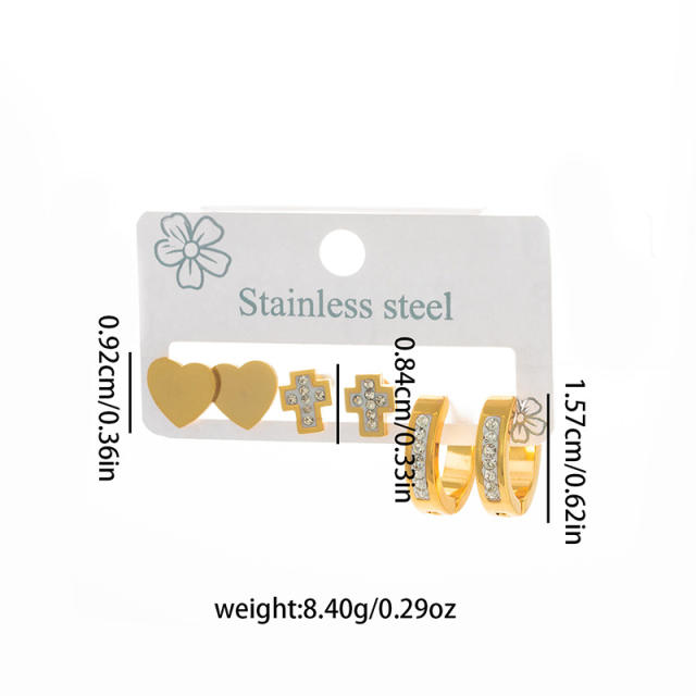 concise diamond heart smooth cross stainless steel earrings set