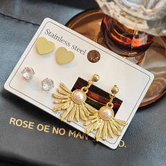 Boho sunflower imitation pearl stainless steel earrings set
