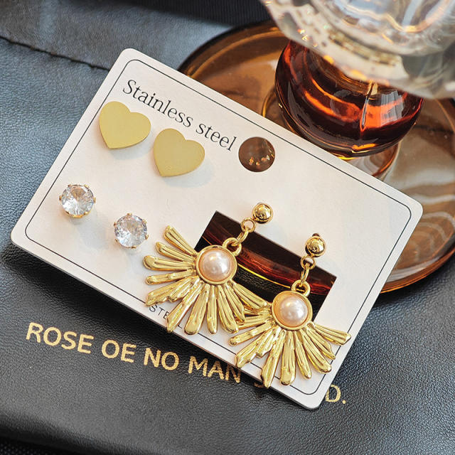 Boho sunflower imitation pearl stainless steel earrings set