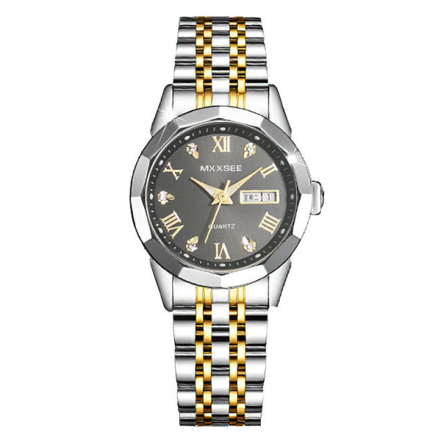 Vintage couple quartz watch double calendar steel band watch