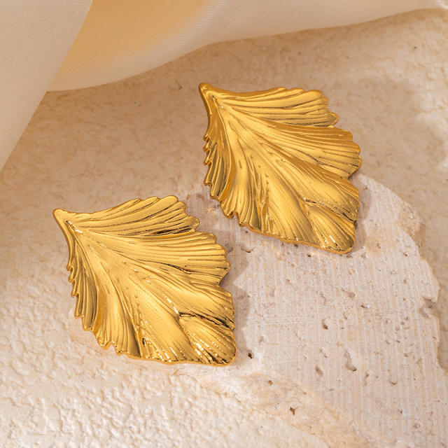 Holiday design gold color fold pattern leaf big stainless steel earrings