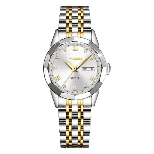 Vintage couple quartz watch double calendar steel band watch