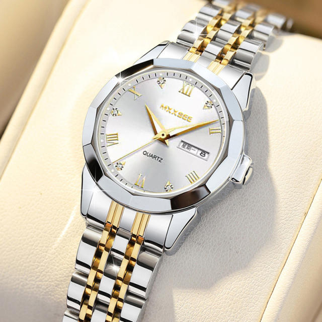 Vintage couple quartz watch double calendar steel band watch