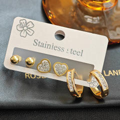 Concise ball bead heart stainless steel earrings set