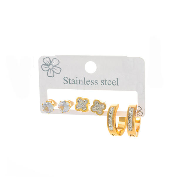 Easy match diamond clover hoop stainless steel earrings set
