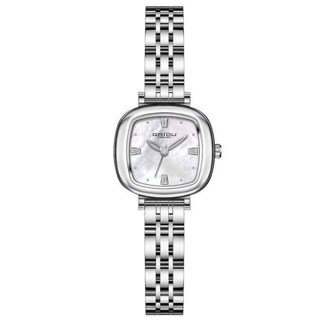 Fashion waterproof white pink shell square quartz steel band watch for women