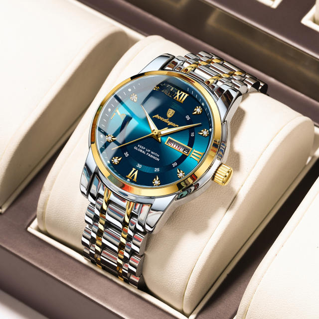 Wwaterproof new men's watch double calendar luminous quartz steel band watch