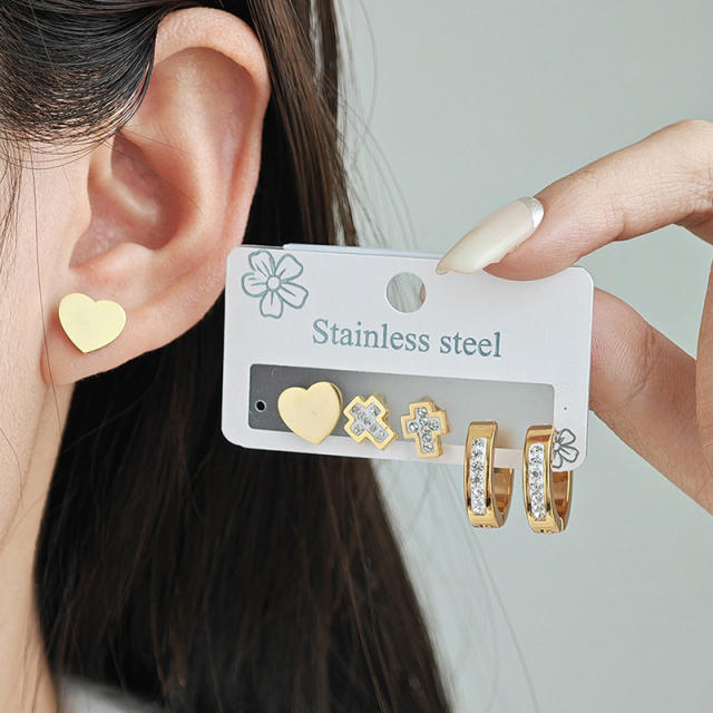 concise diamond heart smooth cross stainless steel earrings set
