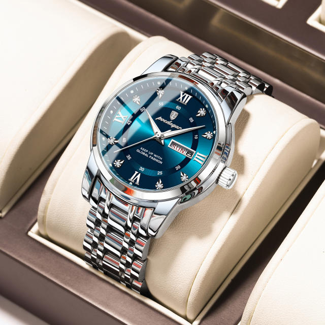 Wwaterproof new men's watch double calendar luminous quartz steel band watch
