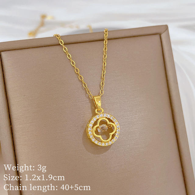 Delicate hollow clover diamond pendant stainless steel chain necklace