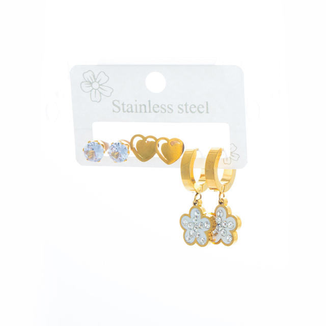 Concise diamond five petal flower heart stainless steel earrings set