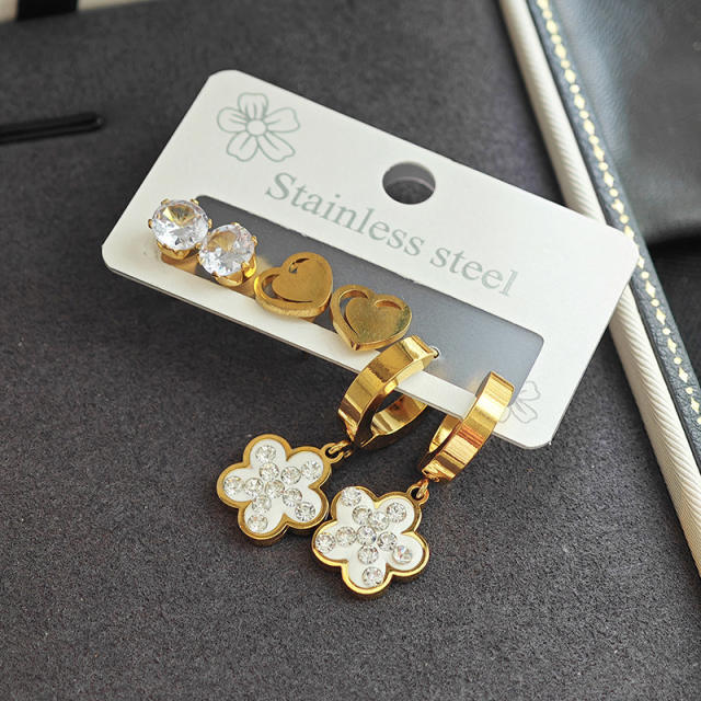 Concise diamond five petal flower heart stainless steel earrings set