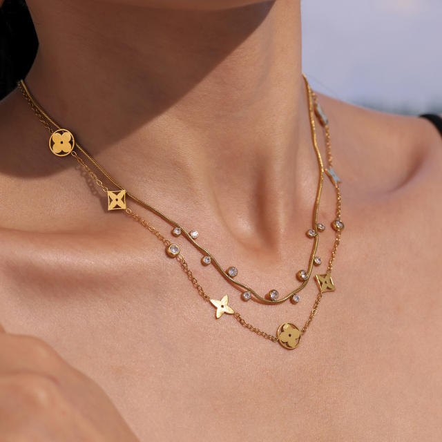 5A cubic zircon diamond necklace hollow clover chain necklace stainless steel necklace
