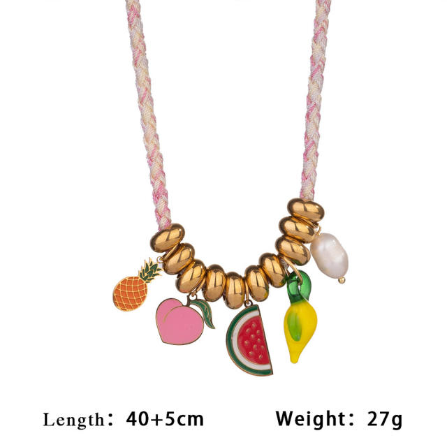 Summer sweet enamel fruit charm braid rope necklace bracelet set