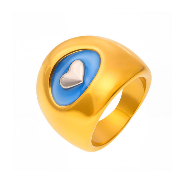 24K gold plated blue enamel heart chunky rings stainless steel rings
