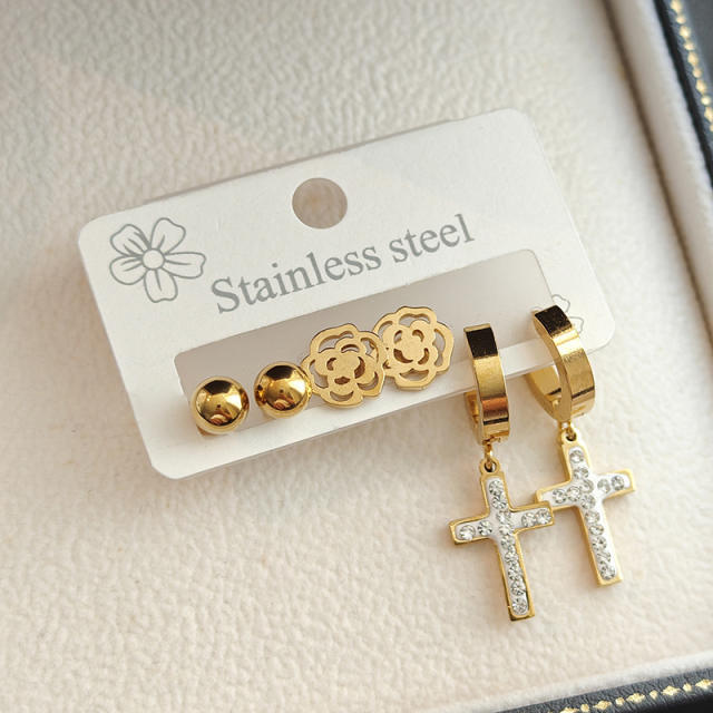 Korean fashion diamond cross hollow rose flower stainless steel earrings set